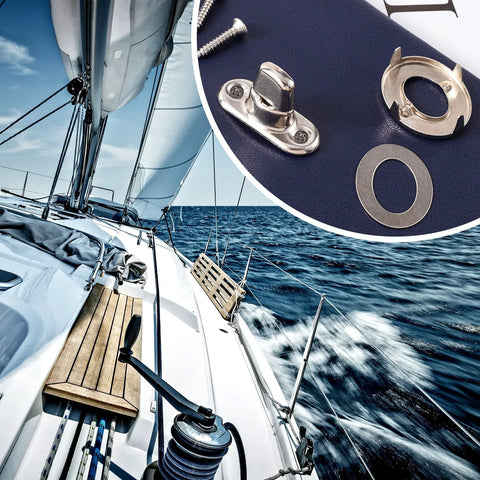 Mxxipp 15-set marine twist-lock fasteners with zinc alloy hardware; wide boat deck view and close-up of screws and eyelet.