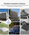 Flexible installation options for 400W Portable Solar Blanket with 16-Fold Design on various vehicles and terrains.