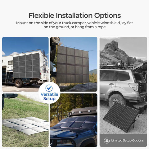 Flexible installation options for 400W Portable Solar Blanket with 16-Fold Design on various vehicles and terrains.