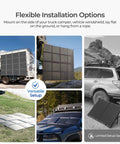 Flexible installation of Dead Simple 400W Portable Solar Panel Blanket With N-Type Cells on trucks, ground, or hanging.