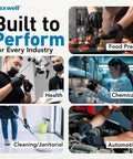 Collage of people using puncture-resistant disposable nitrile gloves for food prep, health, cleaning, chemical, and automotive tasks.