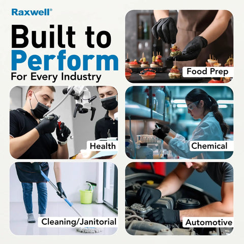 Collage of people using puncture-resistant disposable nitrile gloves for food prep, health, cleaning, chemical, and automotive tasks.