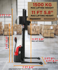 Heavy Duty Fully Electric Adjustable Straddle Stacker Delivers Solid 3300 Pound Capacity And Snappy 11 Foot 6 Inch Lift For Shops Crushing Loads All Day Long with dimensions and max lift details.