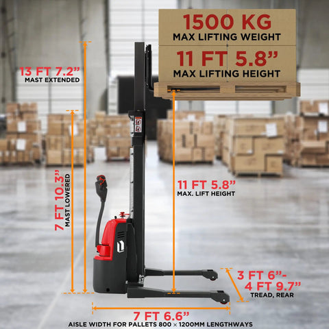 Heavy Duty Fully Electric Adjustable Straddle Stacker Delivers Solid 3300 Pound Capacity And Snappy 11 Foot 6 Inch Lift For Shops Crushing Loads All Day Long with dimensions and max lift details.
