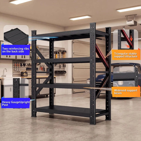 60 Inch Wide Heavy Duty Garage Shelving Rack With 5000 Lb Capacity, Industrial 4 Tier Storage Unit in a garage setting