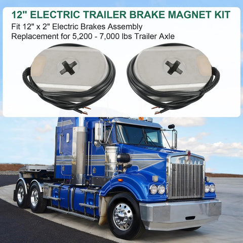 Front view: Pair of 12-inch electric trailer brake magnets with wiring for 12x2 brakes (5,200–7,000 lb axles)