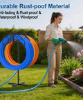 Heavy Duty Garden Hose Holder With Dual Hose Storage Holds 160 Ft Per Hose Freestanding Hose Reel Stand in garden setting.