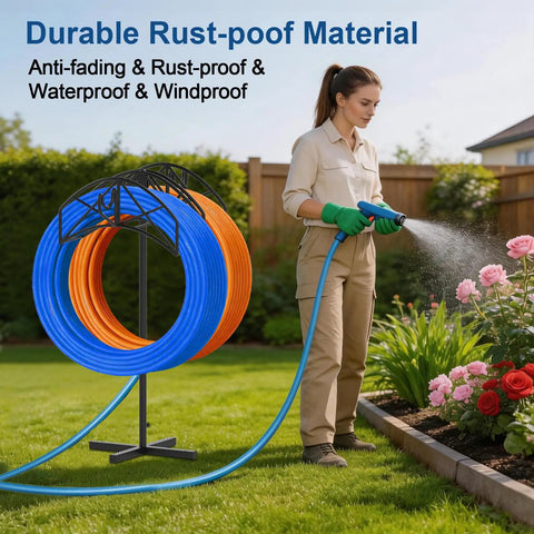 Heavy Duty Garden Hose Holder With Dual Hose Storage Holds 160 Ft Per Hose Freestanding Hose Reel Stand in garden setting.
