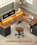 Farmhouse L Shaped Standing Desk With Height Adjustable Sit Stand Layout 70.1 By 73.2 Inches Built In Drawers And Power Outlet Monitor Stand And LED Lights Cable Management Large Black Home Office Desk Workhorse in modern home office setting