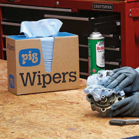 Heavy Duty Shop Towels For Oil And Grime, 75-Count Dispenser Box with gloves cleaning auto part