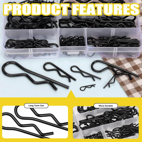 145 Piece Six Sizes Hitch Pin R Clip Assortment Kit Carbon Steel R Clips Cotter Pins with transparent storage case