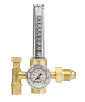 Front view of brass regulator with vertical flow meter tube for nitrogen/argon/helium and pressure gauge