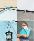 Collage showing Four Person Beach Tent With Easy Pop Up Setup features: fiberglass frame, two-way zipper, light hook, interior pocket.