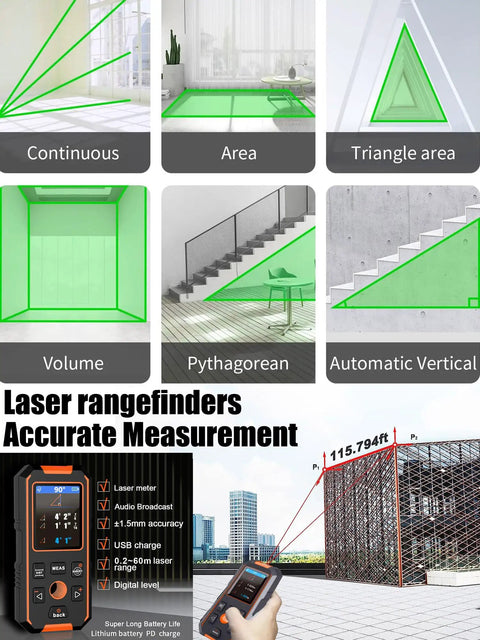 All In One Wall Scanner And Laser Rangefinder Pro Tool for volume and area measurement with rechargeable battery and display.