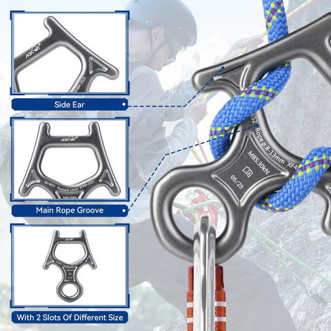 Close-up of Beefy 30kN Figure 8 Descender Made From 7075 Aluminum featuring design details and rope fit for climbing use.