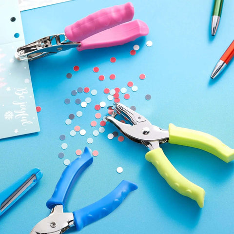 12 Pack One Quarter Inch Single Hole Paper Punch Set With Easy Grip Handles Circle Punches In Multicolor on blue surface