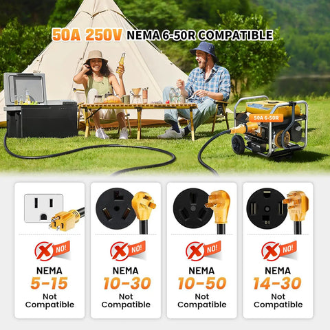 Heavy Duty Nema 14 50P To 6 50R Welder Adapter Cord 50 Amp with 50A generator, campsite setup, and compatibility labels.