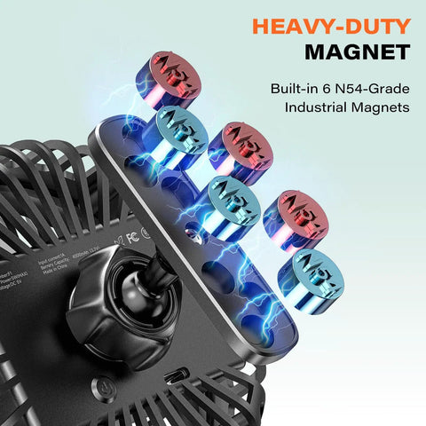 Rechargeable Golf Cart Fan With Magnetic Base And 360 Degree Rotating Head Battery Powered Portable Cooling On The Course 3 Speed 4000 RPM Airflow Universal Fit For Yamaha EZGO Club Car Black showing N54-grade industrial magnets.