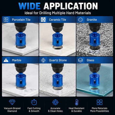 Premium 10 Piece Vacuum Brazed Diamond Hole Saw Kit For Rapid Drilling On Porcelain Tile Ceramic And Granite With Minimal Chipping And Super Smooth Edges For Amazing Home Renovation Projects. on porcelain, ceramic, granite, marble, quartz, and glass