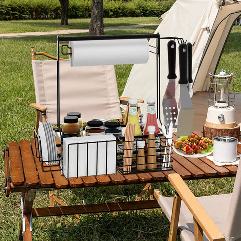 Outdoor Grill Caddy With Paper Towel Holder And Utensil Organizer on picnic table holding condiments and kitchenware