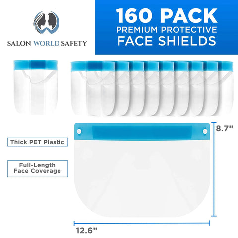 Ultra Clear Full Face Shields Pack Of 40 Sets (160 Shields) Anti Fog PET Plastic With Elastic Headband, blue shield display.