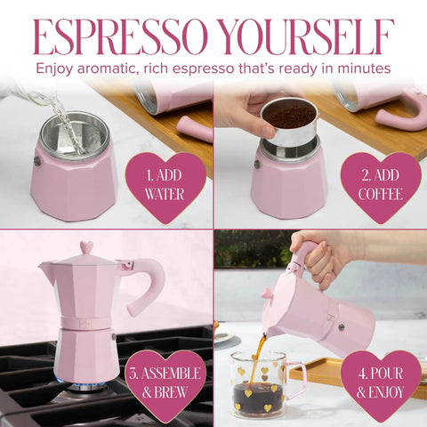 Pink Stovetop Espresso Maker 6 Cup Moka Pot With Heart Knob For Rich Aromatic Espresso At Home Italian And Cuban Style Coffee Pot Great For Coffee Lovers