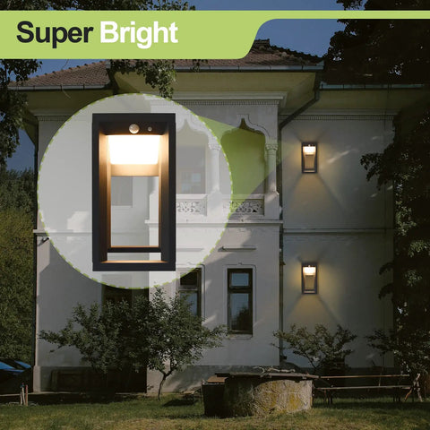 Solar Outdoor Wall Lights With Motion Sensor And Dusk To Dawn Auto On At Night 3 Modes No Wires Needed Waterproof And Anti Rust Exterior Wall Fixture For Garage Front Porch And Yards Two Pack illuminating a house facade with a close-up view of the fixture.