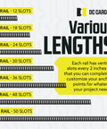 Various lengths of Rock Solid E Track Tie Down Rail Kit showing 2 to 10-foot rails with anchor slots for securing cargo.