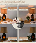 Rustic Lantern Table Lamps Pair 21 Inch Tall Farmhouse Style Lamps with Vintage Coffee Brown Glass Shade displaying knob switch options