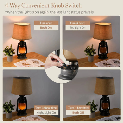 Rustic Lantern Table Lamps Pair 21 Inch Tall Farmhouse Style Lamps with Vintage Coffee Brown Glass Shade displaying knob switch options