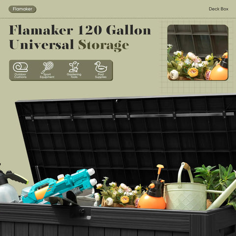 Open 120 Gallon Resin Deck Box Waterproof Outdoor Storage Box showing garden and pool tools, imitation wood look.