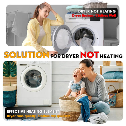 Woman frustrated with broken dryer and a mother smiling by efficient dryer after installing Electric Dryer Heating Element Replacement With Thermostat And Thermal Fuse Fits WED9400 Series Dryers Easy Install And Durable Aftermarket Replacement Part Game Changer.