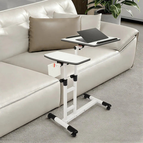 Smooth Rolling Standing Desk Heavy Duty Sit Stand Laptop Cart Adjustable Height with lockable wheels in a modern living room.