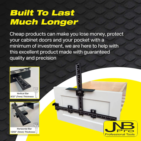 Cabinet Hardware Jig With Center Drill Guide For Drawer Handles And Pulls, Easy Install Tool displayed on cabinet
