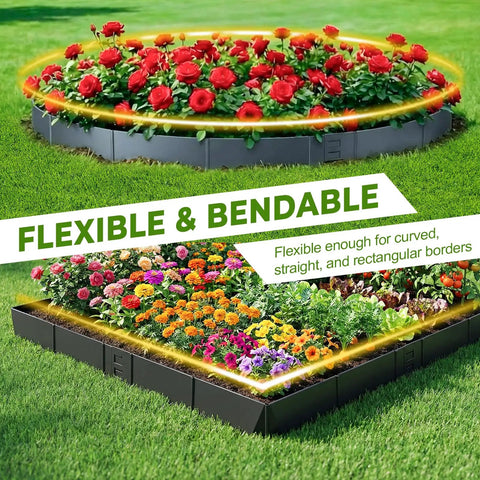 Heavy Duty Metal Garden Border Set 20 Ft With Bendable Hammer In Landscape Edgings And 6 Plastic Stakes For Lawn Path Tree Rings Backyard Borders Black showing flexible and bendable edgings around flower beds