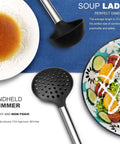 Ultimate 33-Piece Silicone And Stainless Steel Utensil Set ladle and skimmer with salad and bun on a table