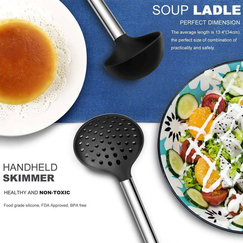Ultimate 33-Piece Silicone And Stainless Steel Utensil Set ladle and skimmer with salad and bun on a table