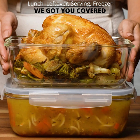 Large 63 Oz Glass Storage Set With Locking Lids, 8 Cup Containers, holding roasted chicken and soup, BPA Free, Leak Proof