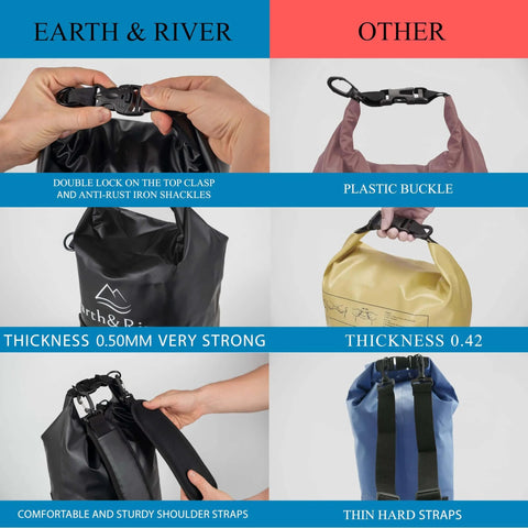 Comparison of Earth & River waterproof dry bag with double lock and 0.5mm thickness to other models with plastic buckles and thinner straps