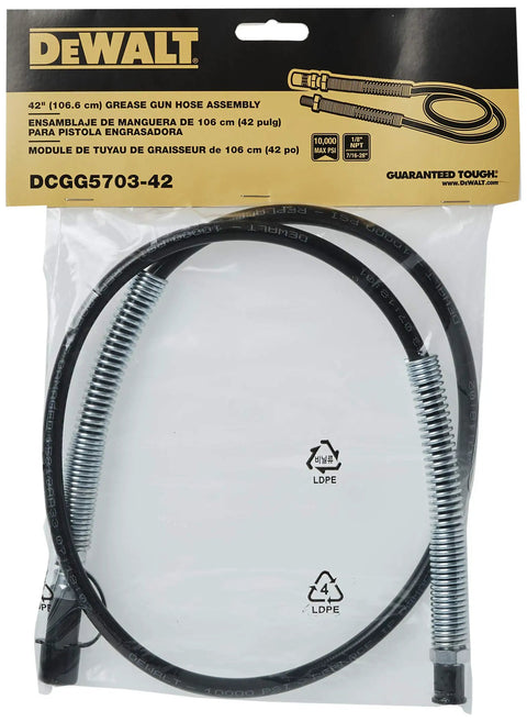 Heavy Duty 42 Inch Grease Gun Hose Assembly One Eighth Inch NPT 10,000 PSI Max Replacement Hose in sealed packaging