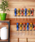 2 Pack Slatwall Tool Holders For Screwdrivers And Pliers Heavy Duty Galvanized Metal Slatwall Hooks installed in garage
