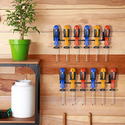 2 Pack Slatwall Tool Holders For Screwdrivers And Pliers Heavy Duty Galvanized Metal Slatwall Hooks installed in garage