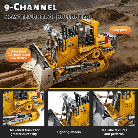 9-channel remote control bulldozer from 4 In 1 Remote Control Construction Vehicle Set With 11-Channel Excavator, 9-Channel Dump Truck, Bulldozer And Loader, Metal Build, 2.4GHz RC Cars With Realistic Lights And Sounds For Kids, Built Tough Heavy Duty Playset in action on a dirt road, showcasing alloy parts and realistic textures.