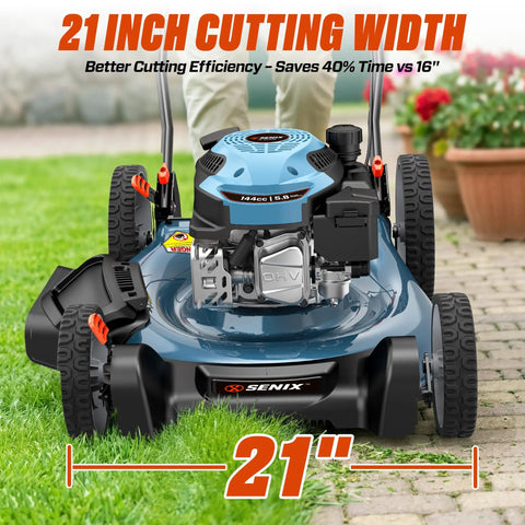 144 CC Gas Lawn Mower 21 Inch 2 In 1 Push With Mulching And Side Discharge 4 Cycle Engine front view on grass