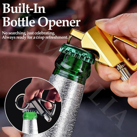 Close-up of All In One Infinity Permanent Match Lighter With Keychain And Bottle Opener Windproof Waterproof Reusable Fire Starter being used as a bottle opener.