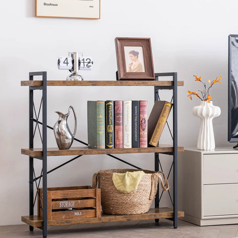 Heavy Duty Top Tier Industrial Bookshelf Featuring Solid Wood Planks And Sleek Matte Black Steel Frame For Living Room Decor Zero Hassle Quick Snap Assembly with books and decor.