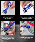 Steps demonstrating how to use Bike Chain Oiler And Cleaner Tool For Bicycles Fast Clean And Simple Lubrication Attaches To Standard Aerosol Cans