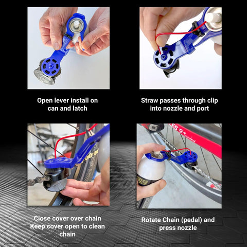 Steps demonstrating how to use Bike Chain Oiler And Cleaner Tool For Bicycles Fast Clean And Simple Lubrication Attaches To Standard Aerosol Cans