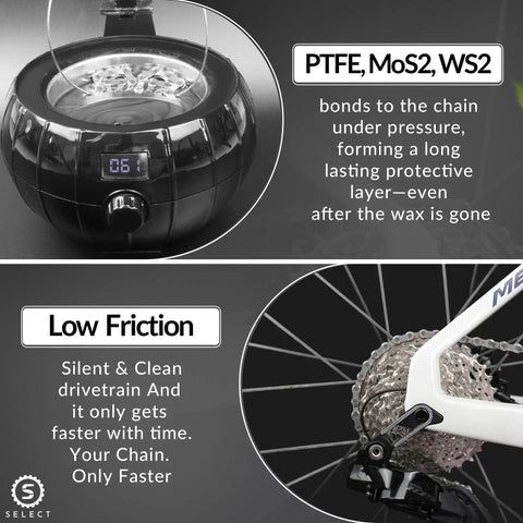 Top view of chain wax container with digital display and a close-up of a clean bike chain demonstrating Ultra Low Friction Hot Melt Bike Chain Wax With PTFE MoS2 WS2 For Slick Gear Shifts, Dry To The Touch And Non Greasy, Reduces Wear Up To 5x, Water And Dirt Repellent Lubricant For Pro Level Chain Performance.