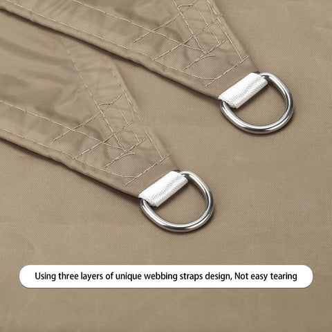 Close-up of fabric and metal rings of Waterproof Sun Shade Sail Canopy Awning Shelter 10x13 Feet for Backyard Patio Garden Carport UV Block Khaki